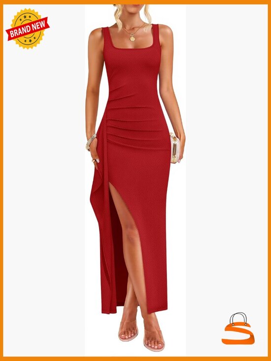 Dresses & Skirts - Sleeveless Square Neck High Slit Bodycon Maxi Dress